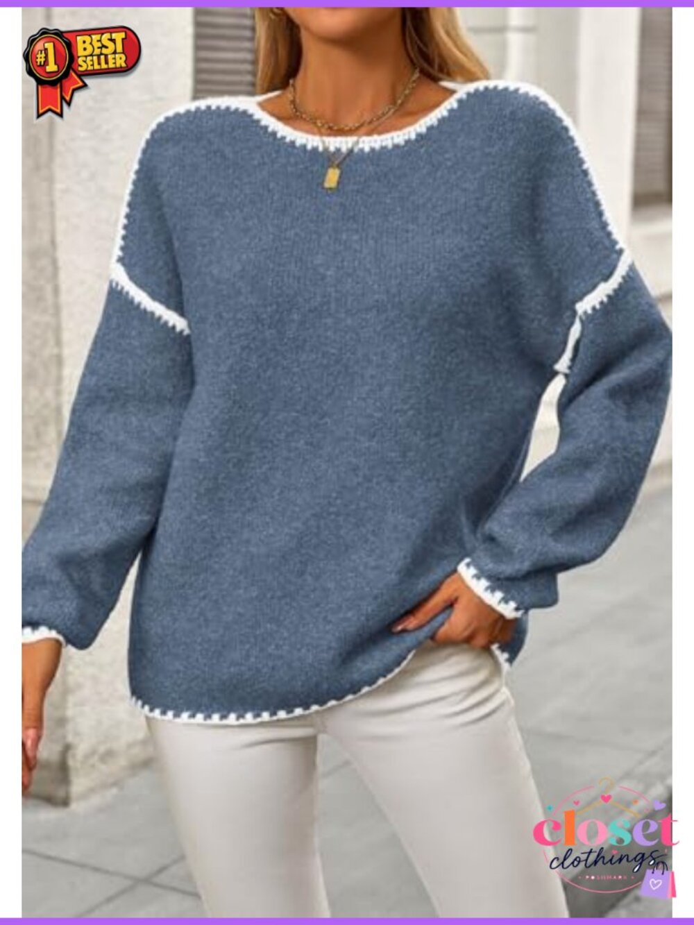 Oversized Chunky Knit Pullover Sweater Crewneck Long Sleeve Drop Shoulder - Picture 5 of 6